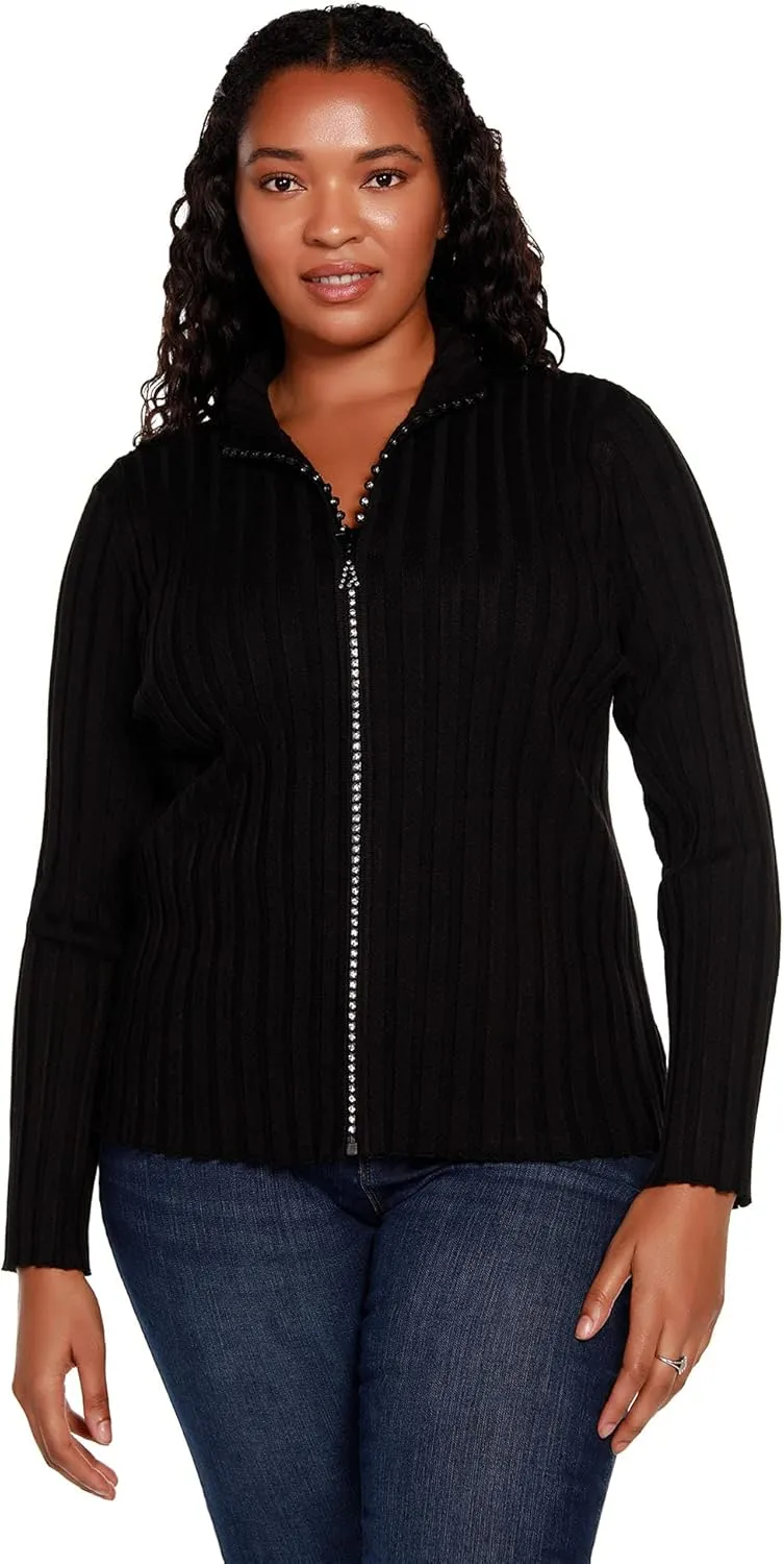 Women's Long Sleeve Zip Up Sweaters for Women Knit Cardigan with Diamond Zipper