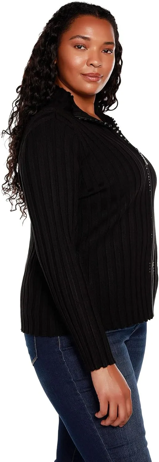 Women's Long Sleeve Zip Up Sweaters for Women Knit Cardigan with Diamond Zipper