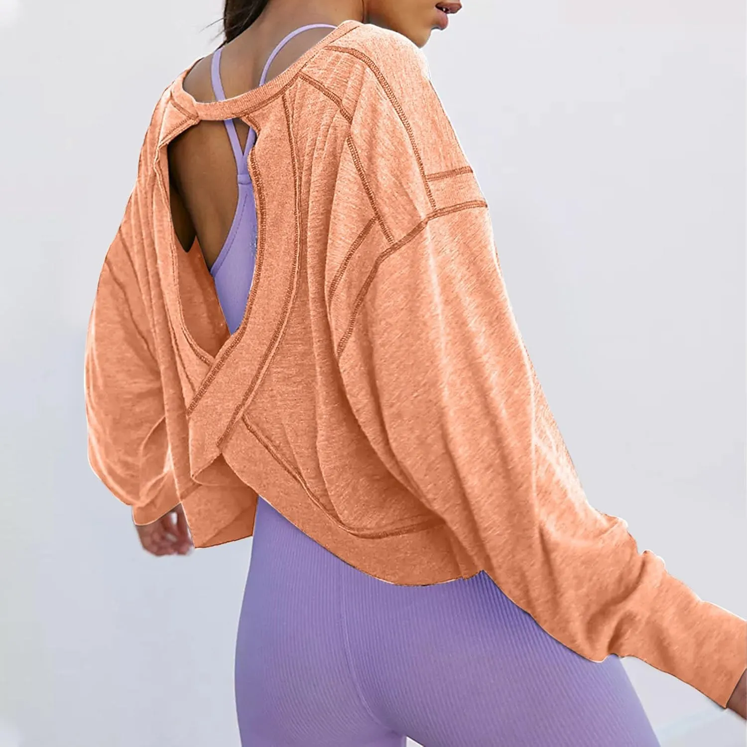 Womens Open Back Workout Tshirts Casual Solid Backless Sweatshirt Trendy Round Neck Pullover Top Loose Crop Gym Tee