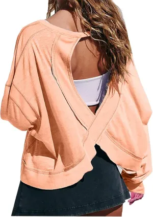 Womens Open Back Workout Tshirts Casual Solid Backless Sweatshirt Trendy Round Neck Pullover Top Loose Crop Gym Tee