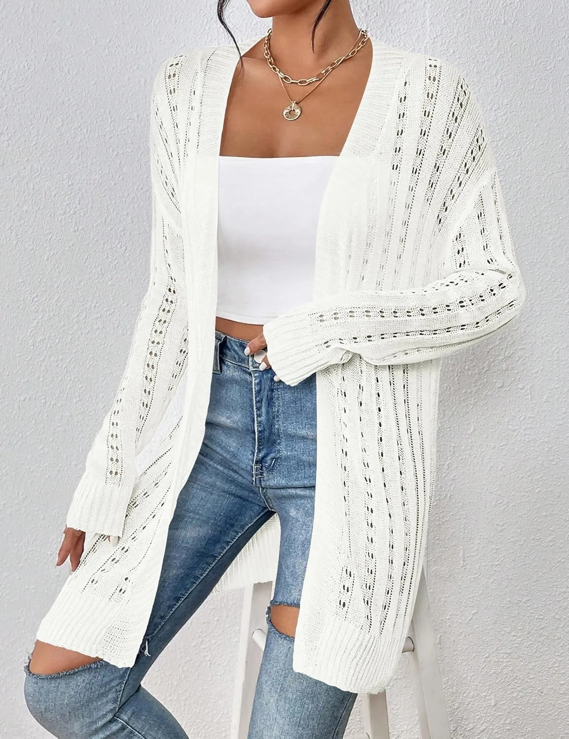 Womens Open Front Lightweight Cardigan Sweaters Crochet Long Sleeve Cardigans Summer Boho Beach Swimsuit Cover Up