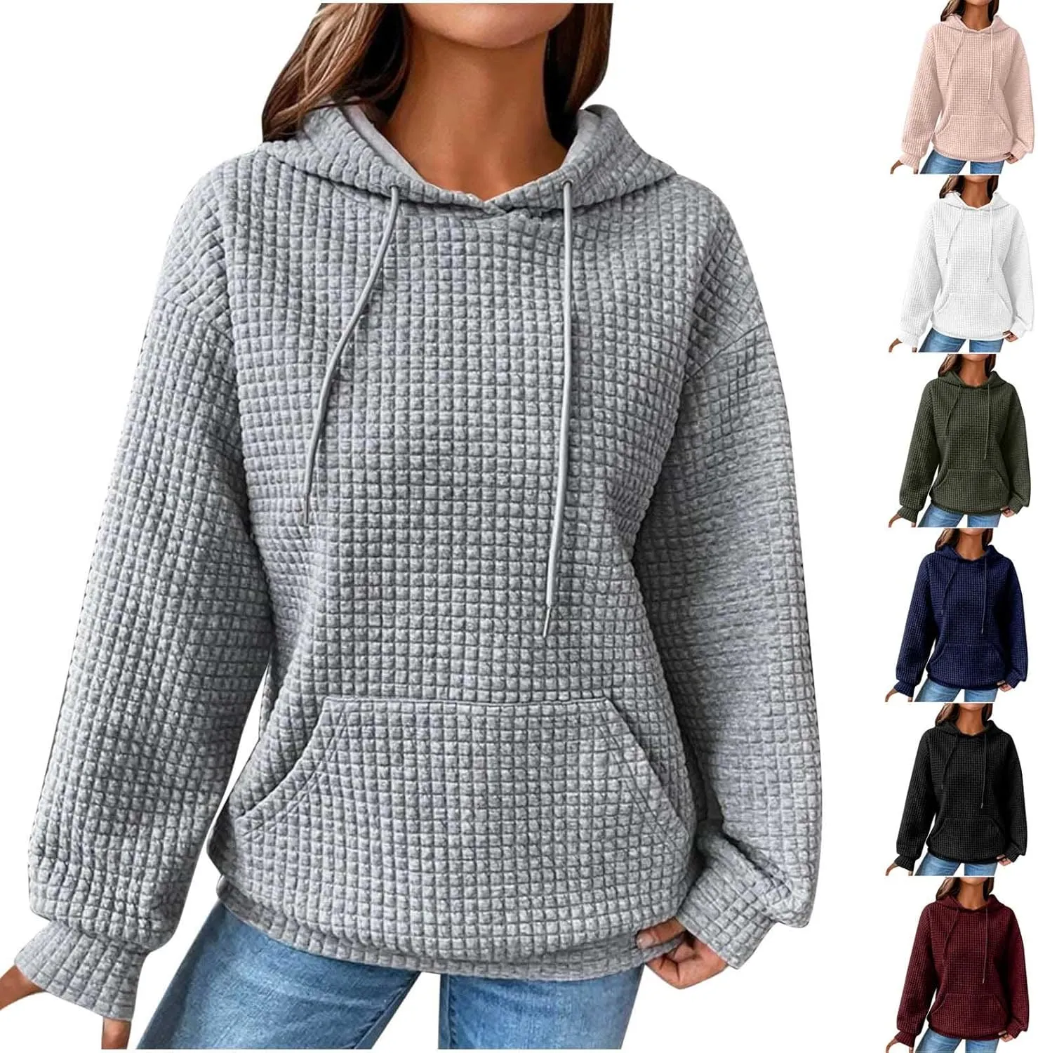 Womens Oversized Hooded Sweatshirts Lightweight Quilted Pullover Hoodies Long Sleeve Dressy Casual Top Fall Outfits
