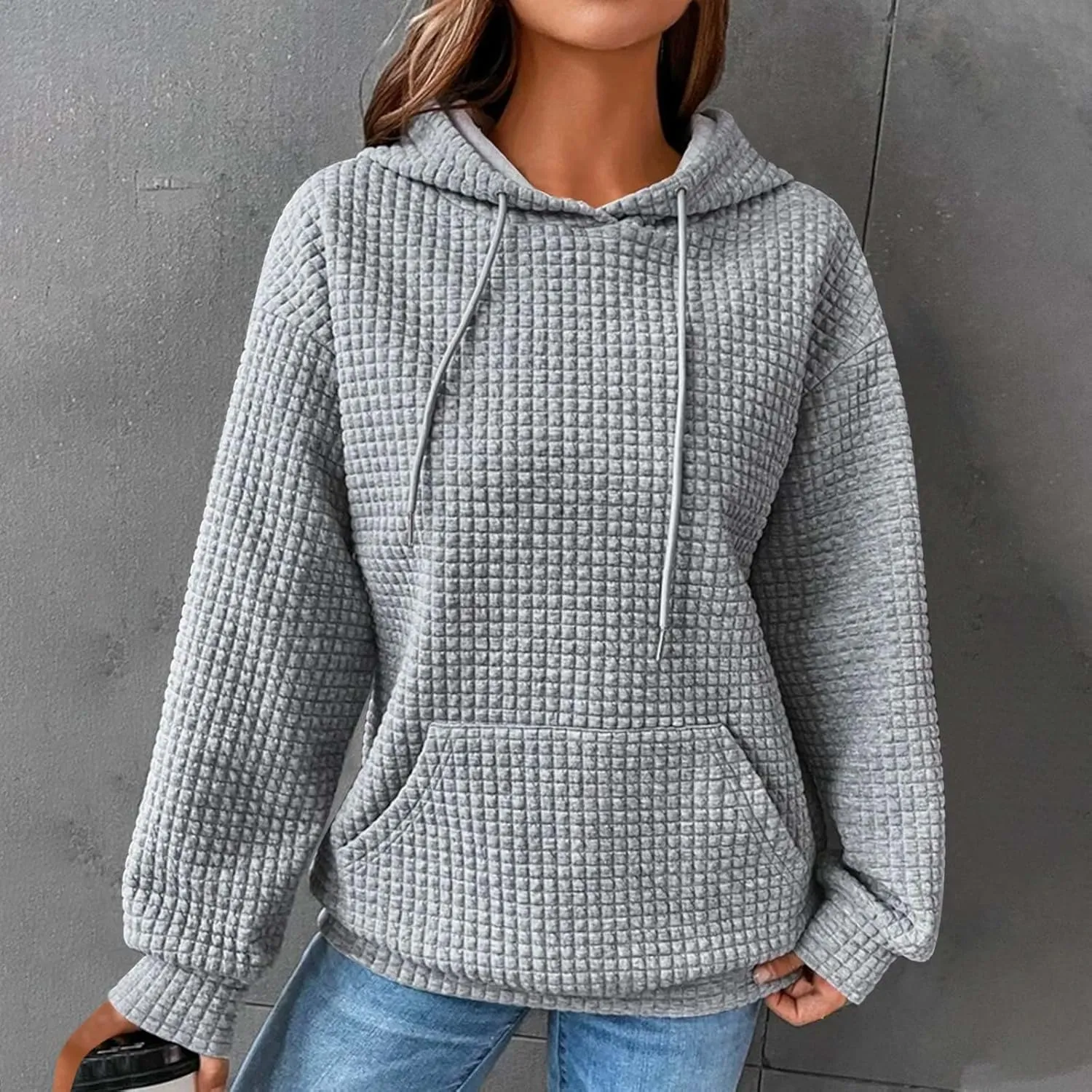 Womens Oversized Hooded Sweatshirts Lightweight Quilted Pullover Hoodies Long Sleeve Dressy Casual Top Fall Outfits