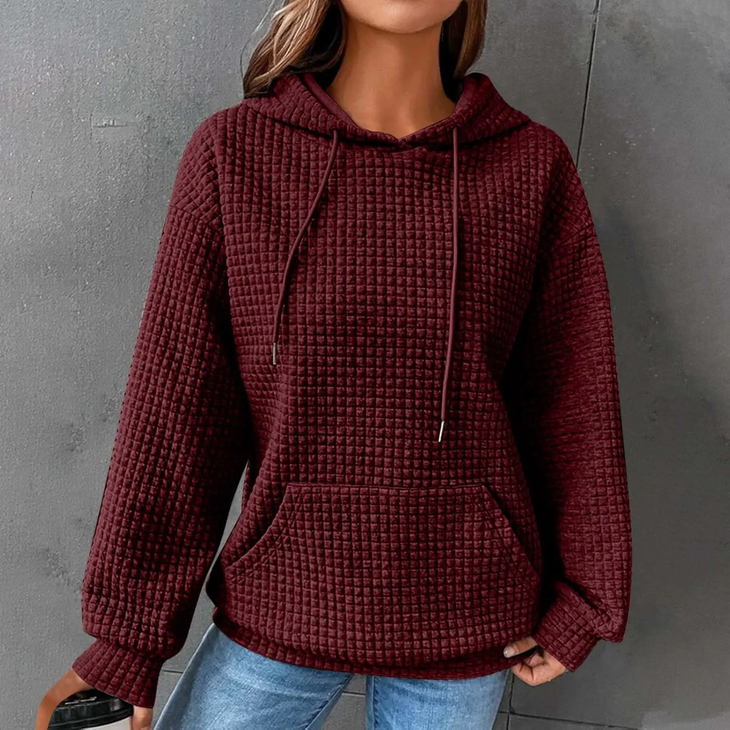 Womens Oversized Hooded Sweatshirts Lightweight Quilted Pullover Hoodies Long Sleeve Dressy Casual Top Fall Outfits