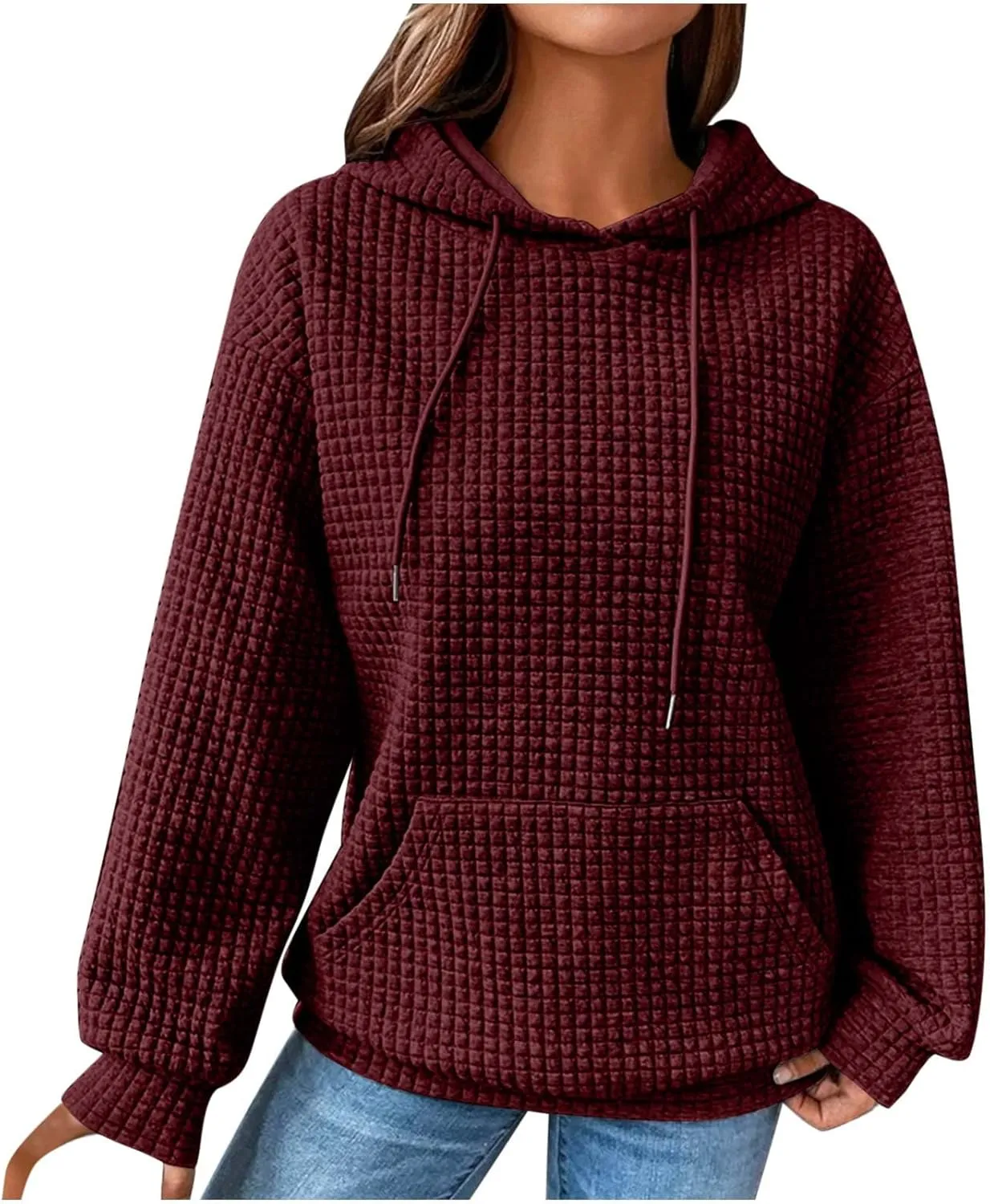 Womens Oversized Hooded Sweatshirts Lightweight Quilted Pullover Hoodies Long Sleeve Dressy Casual Top Fall Outfits