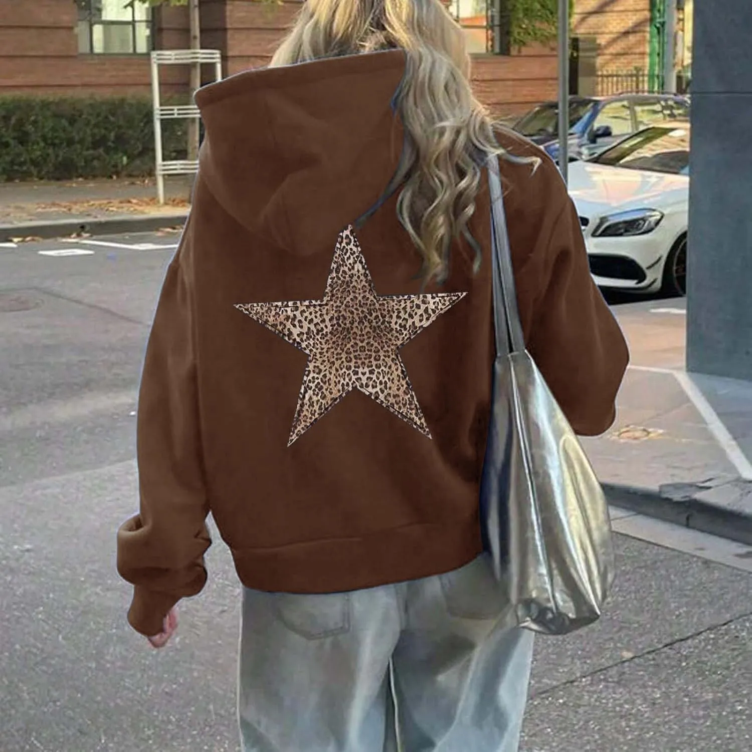 Womens Oversized Hoodies Distressed Star Graphic Sweatshirt Long Sleeve Hooded Shirt Aesthetic Pullover