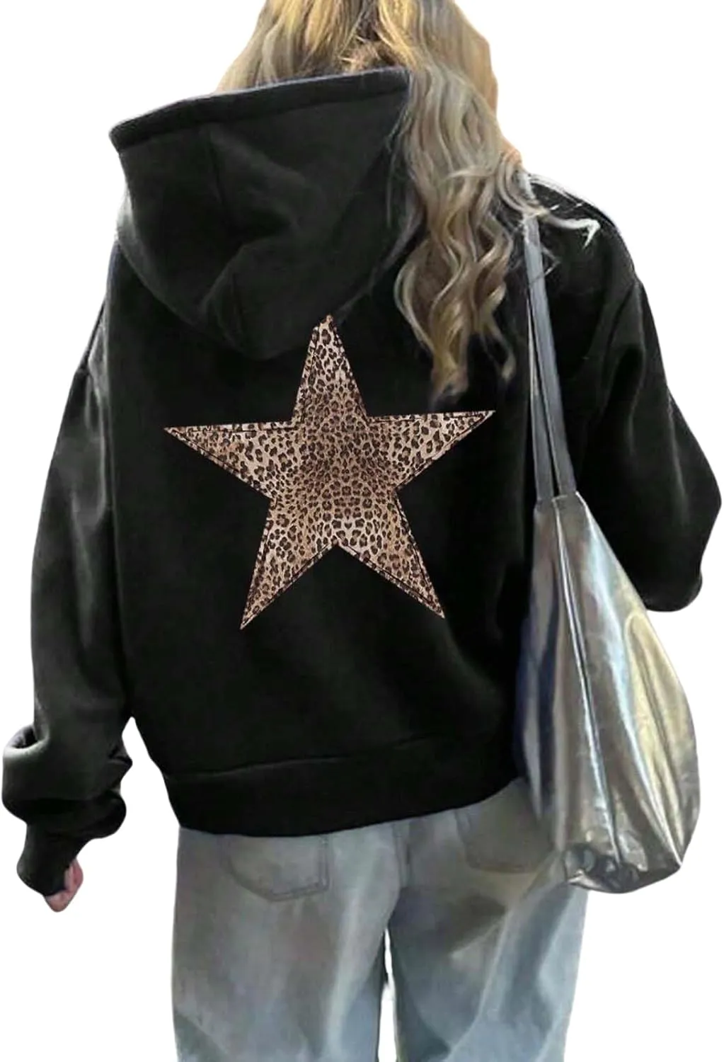 Womens Oversized Hoodies Distressed Star Graphic Sweatshirt Long Sleeve Hooded Shirt Aesthetic Pullover