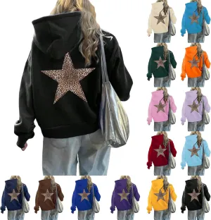 Womens Oversized Hoodies Distressed Star Graphic Sweatshirt Long Sleeve Hooded Shirt Aesthetic Pullover