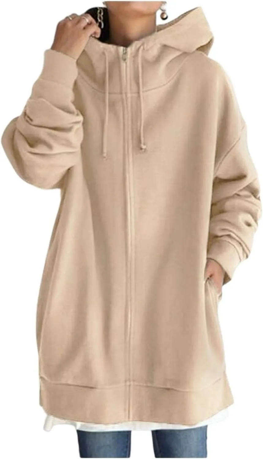 Womens Oversized Long Hoodies Zip Up Jacket Cowl Neck Long Sleeve Sweatshirt Fleece Loose Fit Fall Clothes