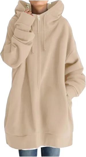 Womens Oversized Long Hoodies Zip Up Jacket Cowl Neck Long Sleeve Sweatshirt Fleece Loose Fit Fall Clothes