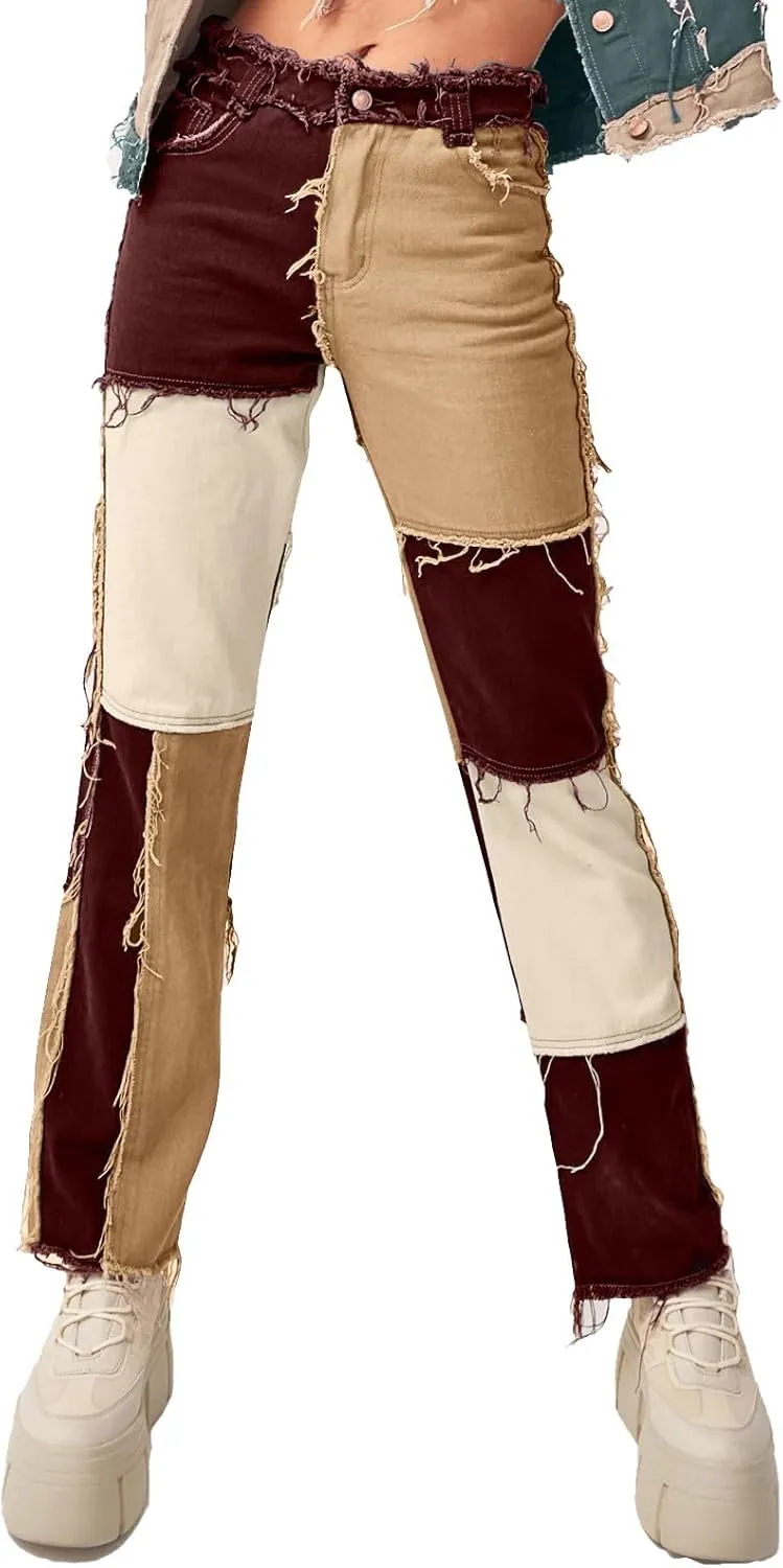 Womens Patchwork Jeans High Waisted Denim Pants Vintage Slim Fit Lounge Trousers Casual Trendy Long Pants with Pockets