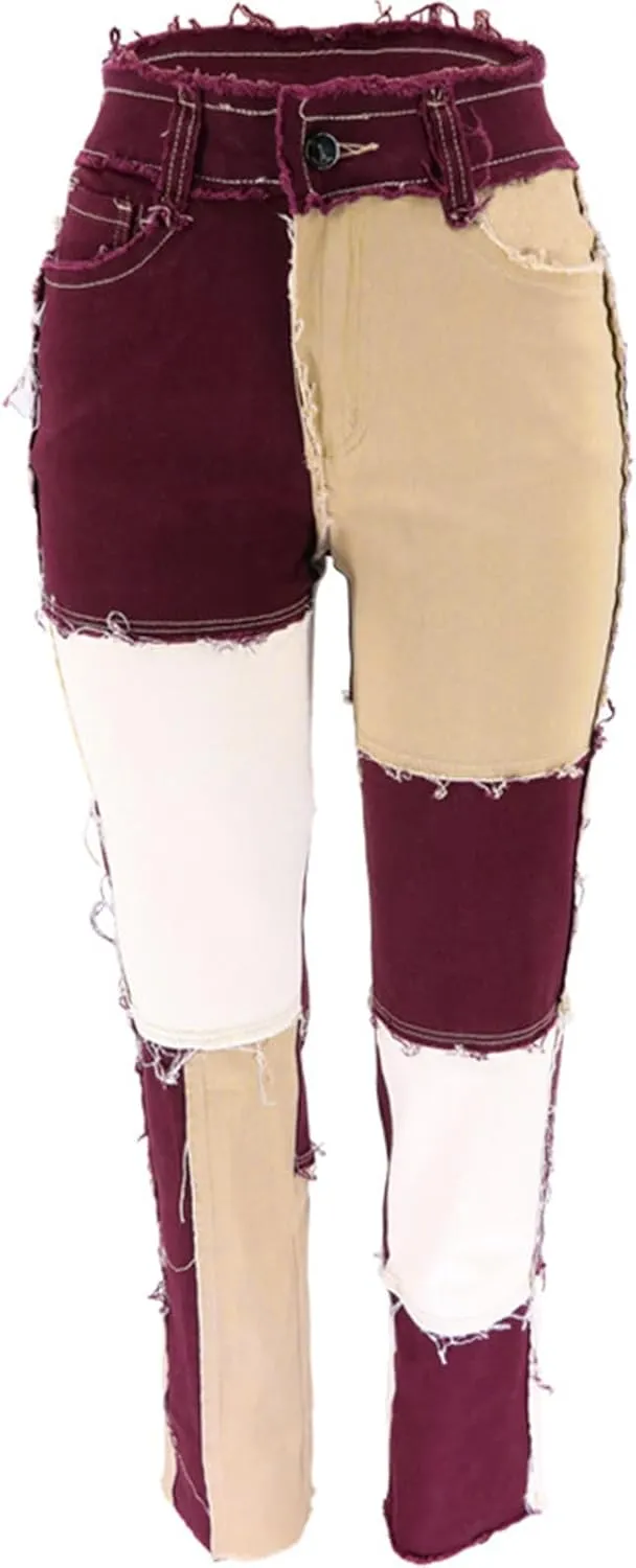 Womens Patchwork Jeans High Waisted Denim Pants Vintage Slim Fit Lounge Trousers Casual Trendy Long Pants with Pockets