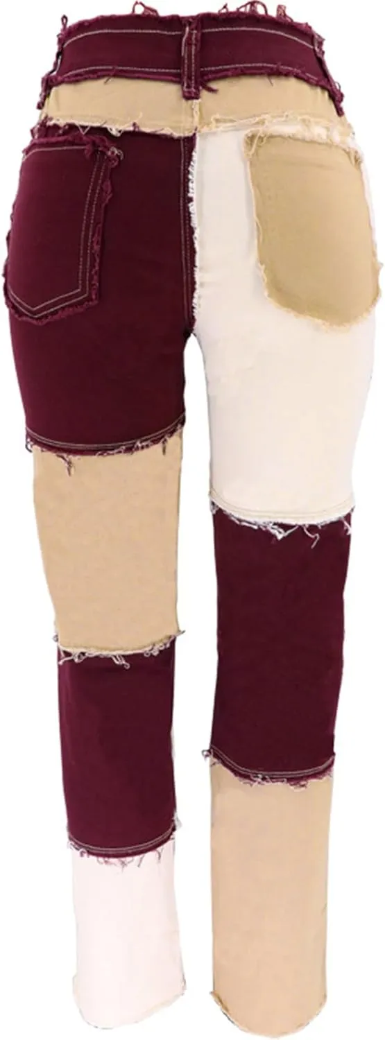 Womens Patchwork Jeans High Waisted Denim Pants Vintage Slim Fit Lounge Trousers Casual Trendy Long Pants with Pockets