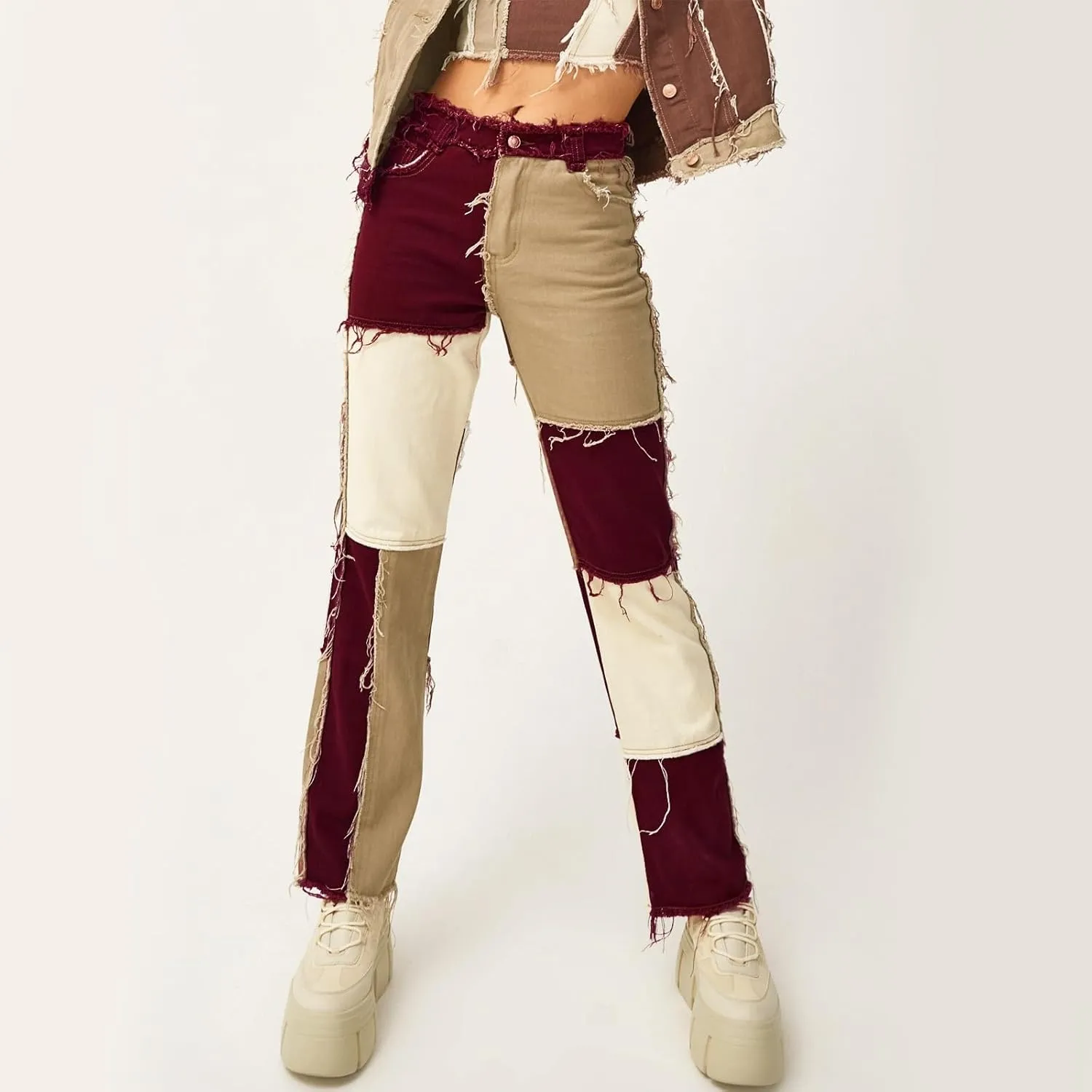 Womens Patchwork Jeans High Waisted Denim Pants Vintage Slim Fit Lounge Trousers Casual Trendy Long Pants with Pockets