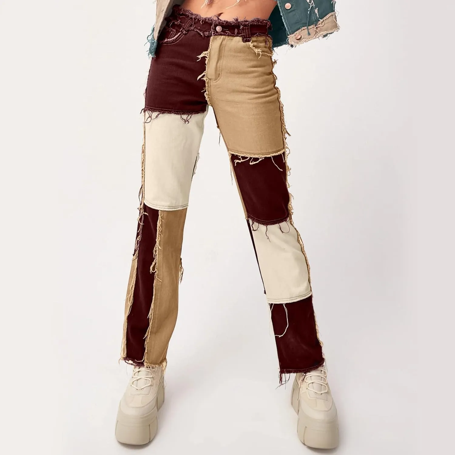 Womens Patchwork Jeans High Waisted Denim Pants Vintage Slim Fit Lounge Trousers Casual Trendy Long Pants with Pockets
