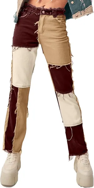 Womens Patchwork Jeans High Waisted Denim Pants Vintage Slim Fit Lounge Trousers Casual Trendy Long Pants with Pockets