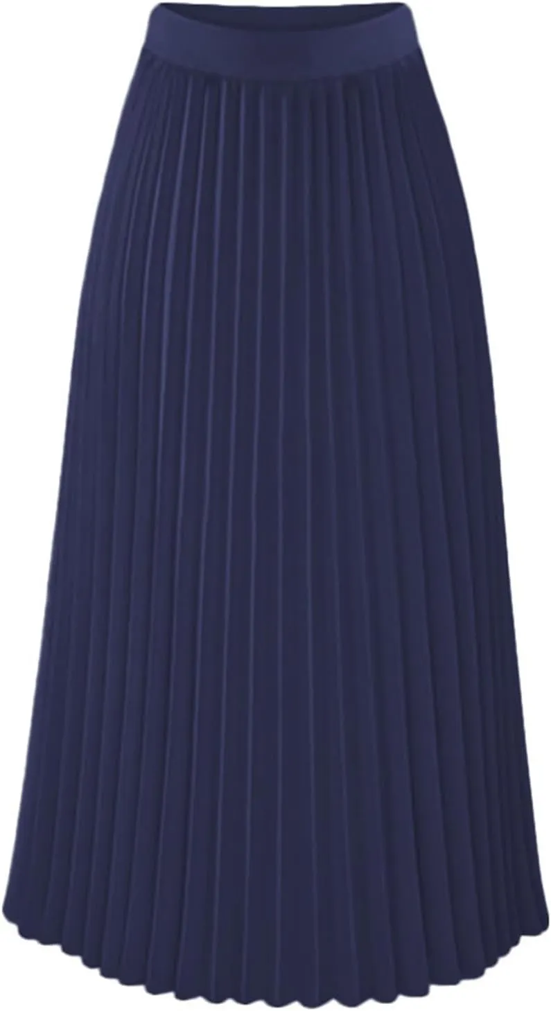 Womens Pleated Midi Skirt High Waist Swing Boho Pleated Skirt Casual Chiffon Elastic A-line Long Skirts