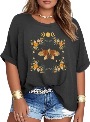 Womens Plus Size Summer Tops Oversized Half Sleeve Crew Neck T Shirts Loose Fit Tee Top Flowy Casual Blouses XL-5XL