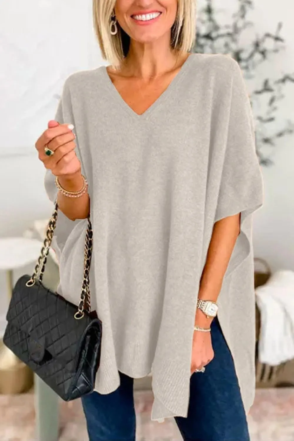 Womens Poncho Sweater Women V Neck Ponchos and Wraps Batwing Sleeveless Shawl Pullover Sweaters Women's Clothing
