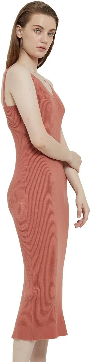 Women's Sleeveless Sweater Dress Knit Slim V Neck Bodycon Midi Stretchable Elasticity Slim Fits