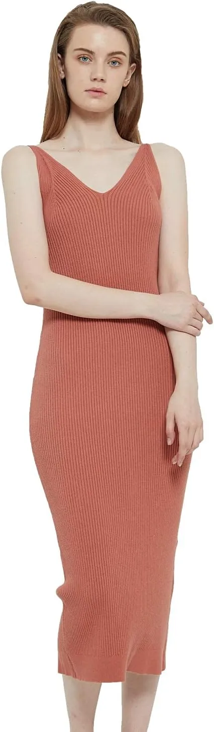 Women's Sleeveless Sweater Dress Knit Slim V Neck Bodycon Midi Stretchable Elasticity Slim Fits