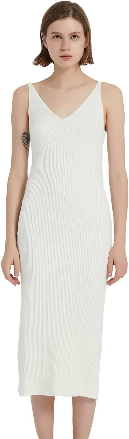 Women's Sleeveless Sweater Dress Knit Slim V Neck Bodycon Midi Stretchable Elasticity Slim Fits