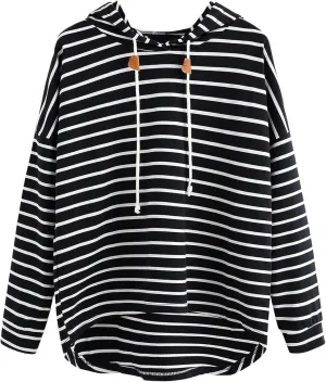 Women's Striped Hoodie Long Sleeve Drawstring Hooded Sweatshirt Casual Lightweight Pullover Tops Trendy Clothes