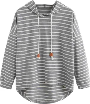 Women's Striped Hoodie Long Sleeve Drawstring Hooded Sweatshirt Casual Lightweight Pullover Tops Trendy Clothes
