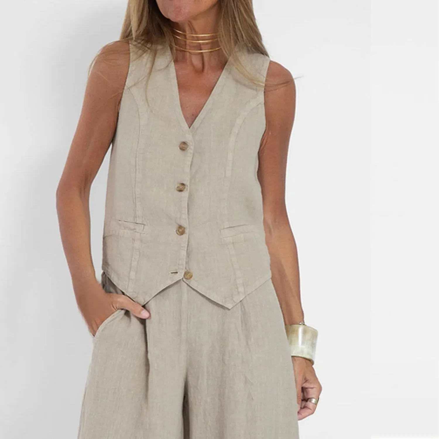 Women's Summer 2 Piece Linen Outfits Sleeveless Matching Sets Button Down V Neck Vest Waistcoat and Pockets Pant