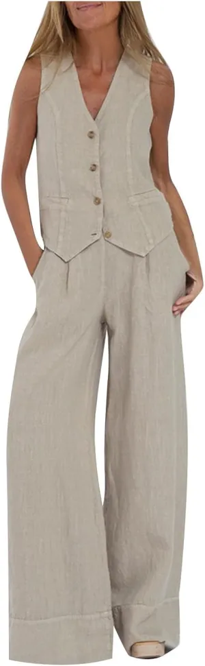 Women's Summer 2 Piece Linen Outfits Sleeveless Matching Sets Button Down V Neck Vest Waistcoat and Pockets Pant