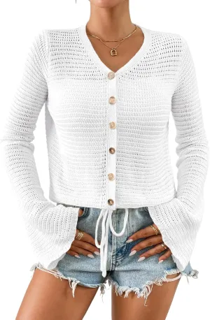 Women's Summer Crochet Lightweight Cardigan Sweater Cropped Button Down Hollow Out Long Sleeve Bolero Shrug