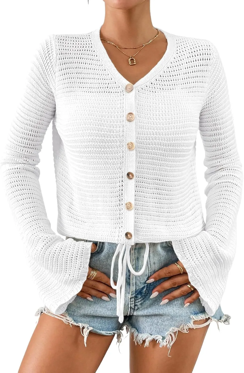 Women's Summer Crochet Lightweight Cardigan Sweater Cropped Button Down Hollow Out Long Sleeve Bolero Shrug