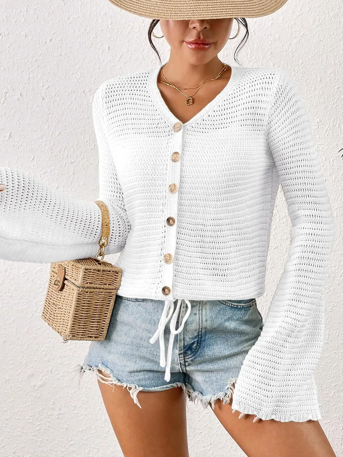 Women's Summer Crochet Lightweight Cardigan Sweater Cropped Button Down Hollow Out Long Sleeve Bolero Shrug