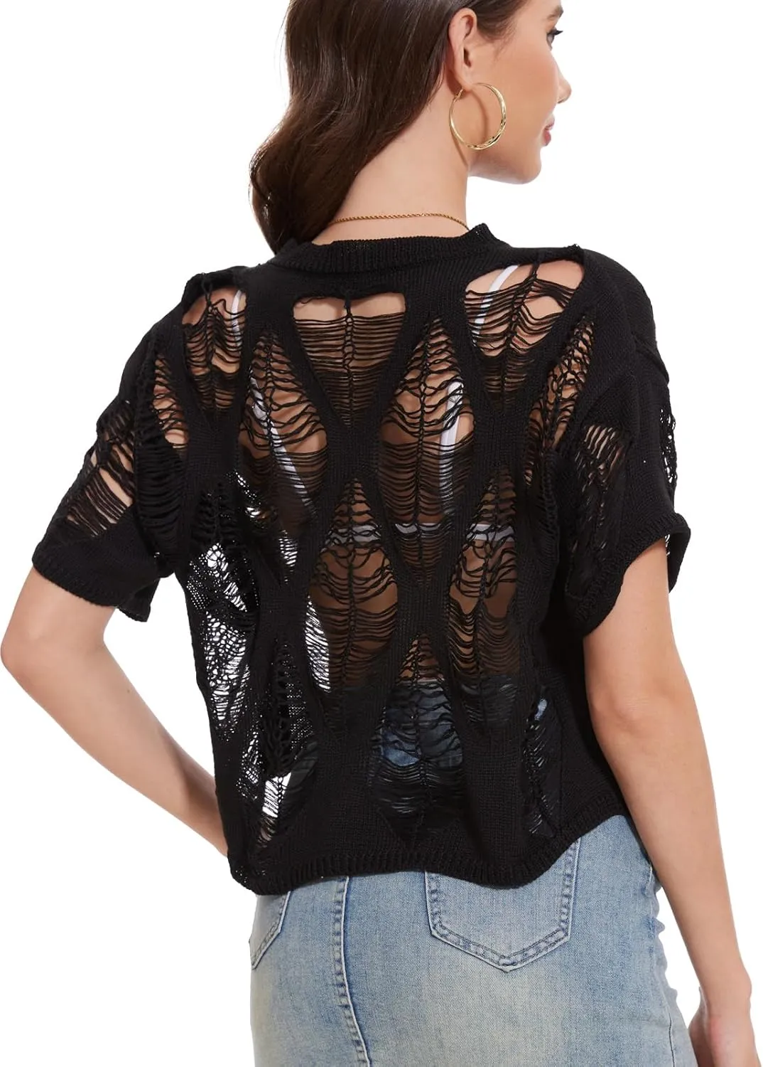 Womens Summer Short Sleeve Crop Tops Pullover Sweater Ripped Holes Perspective Punk Gothic Short Tops Size S-XL