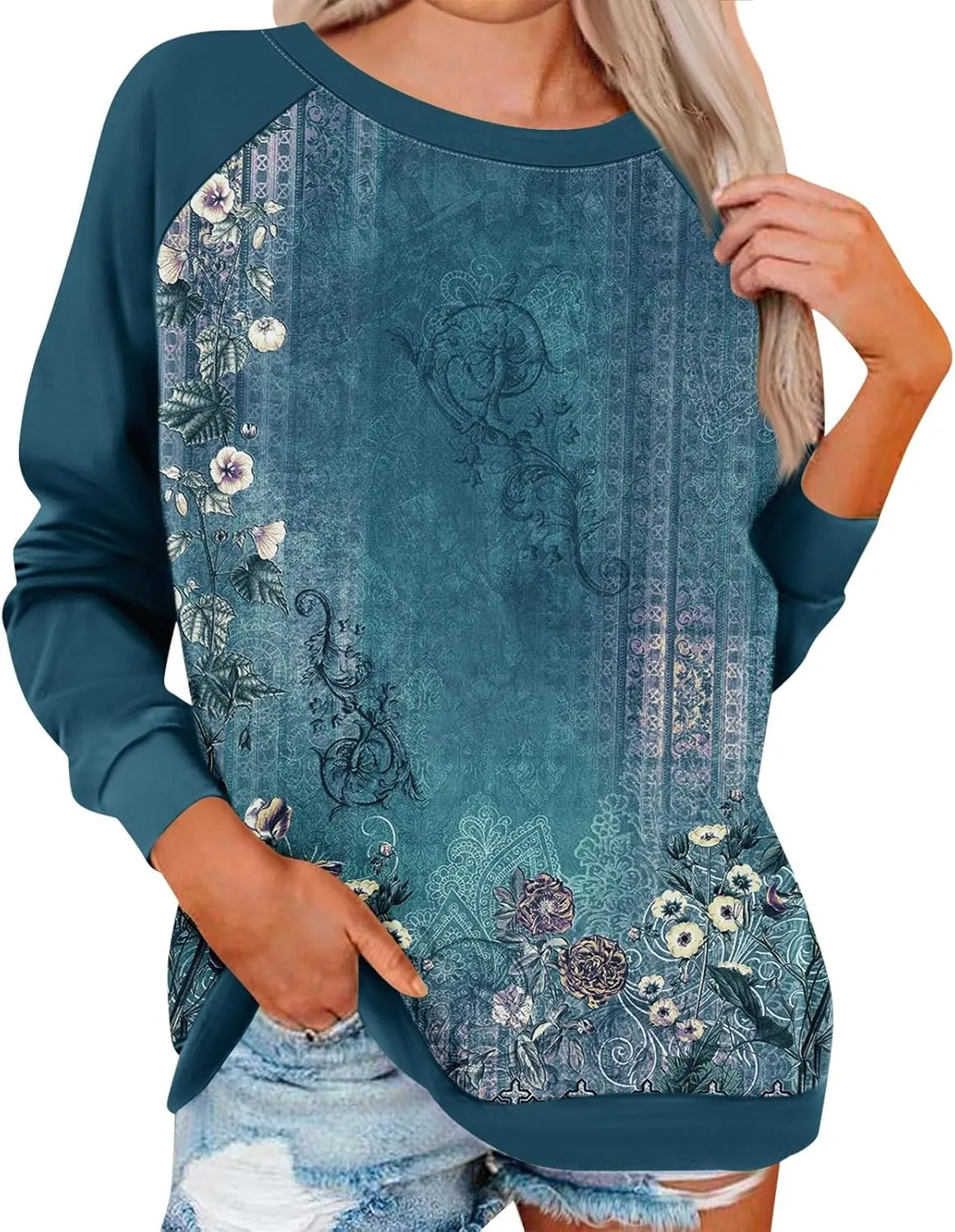 Womens Sweatshirts Floral Print Long Sleeve Loose Fit Shirts Crewneck Cute Trendy Clothing Sweater