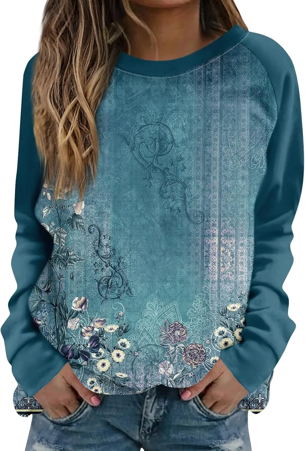 Womens Sweatshirts Floral Print Long Sleeve Loose Fit Shirts Crewneck Cute Trendy Clothing Sweater