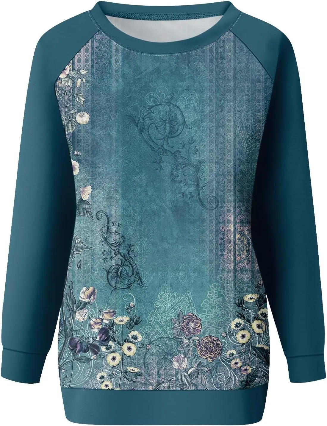 Womens Sweatshirts Floral Print Long Sleeve Loose Fit Shirts Crewneck Cute Trendy Clothing Sweater