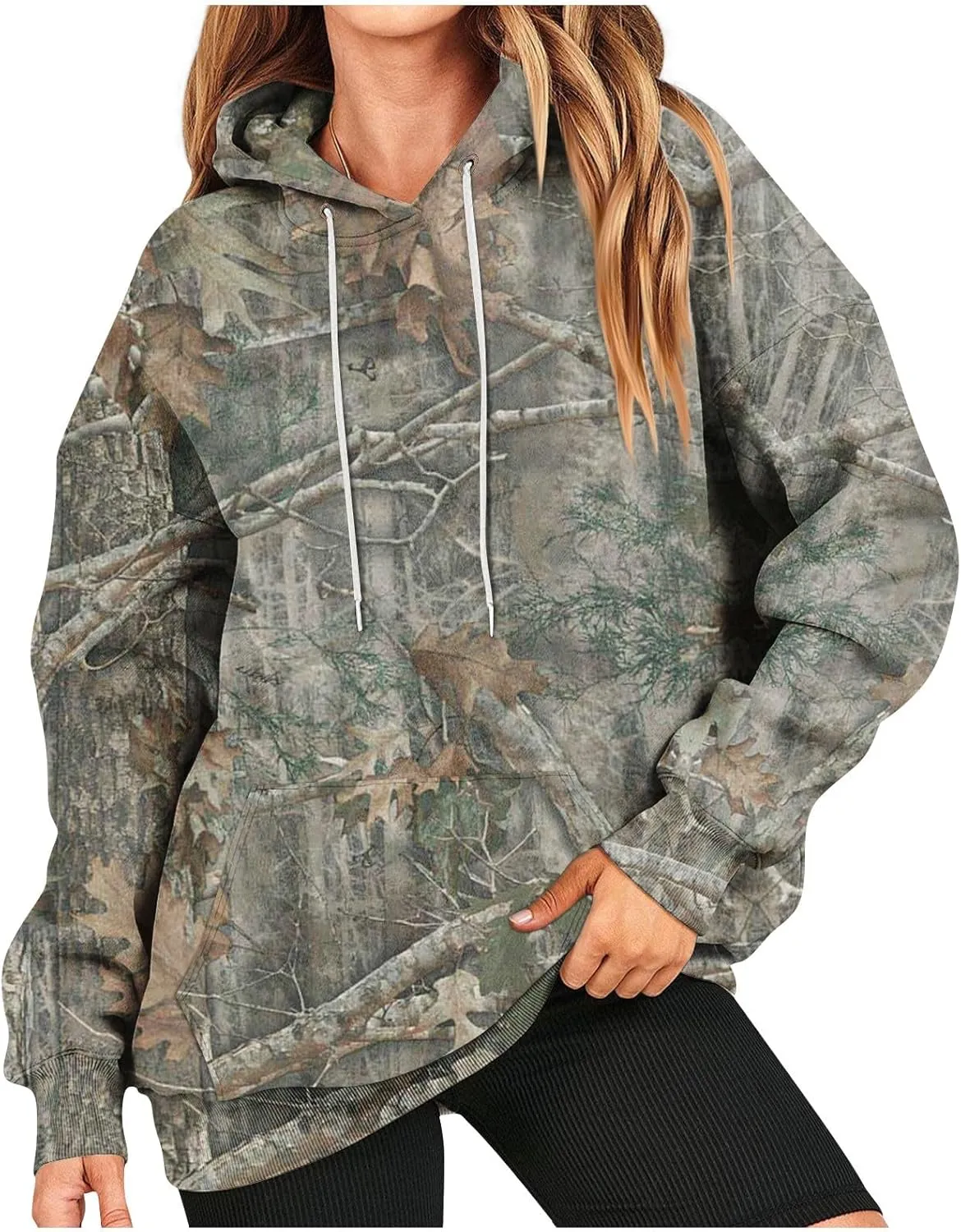 Womens Sweatshirts Trendy Camo Hoodie Maple-Leaf Print Hooded Long Sleeve Tops with Pocket Fall Clothes