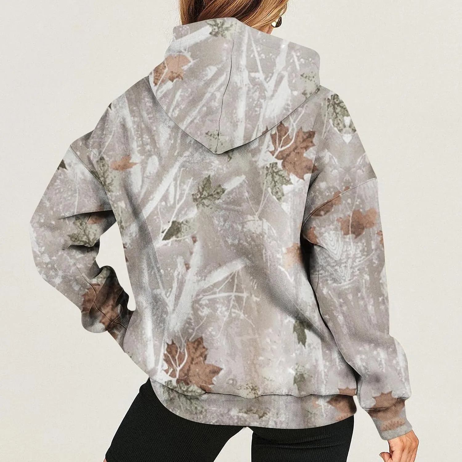 Womens Sweatshirts Trendy Camo Hoodie Maple-Leaf Print Hooded Long Sleeve Tops with Pocket Fall Clothes