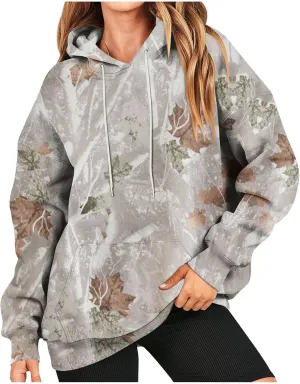 Womens Sweatshirts Trendy Camo Hoodie Maple-Leaf Print Hooded Long Sleeve Tops with Pocket Fall Clothes