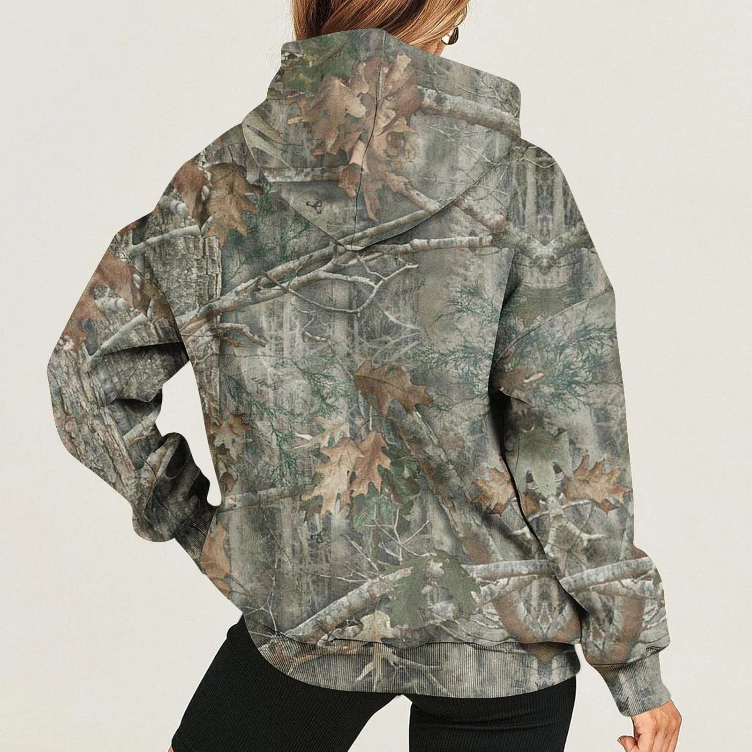 Womens Sweatshirts Trendy Camo Hoodie Maple-Leaf Print Hooded Long Sleeve Tops with Pocket Fall Clothes