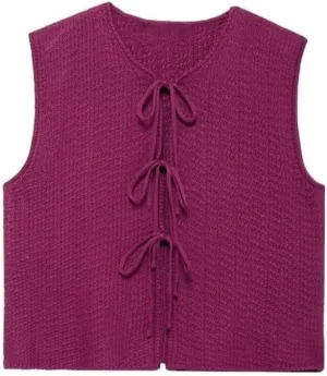 Women's Trendy Tie Front Vest Top Casual Crochet Sweater Vest Sleeveless Crew Neck Open Front Knit Y2k Cardigan