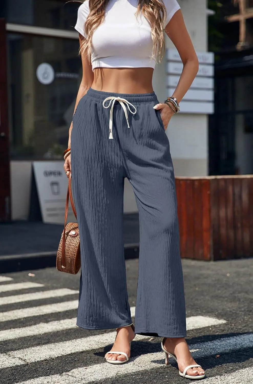 Womens Wide Leg Elastic Waisted Pants Palazzo Trousers Adjustable Drawstring Casual Long Pleated Pants with Pockets