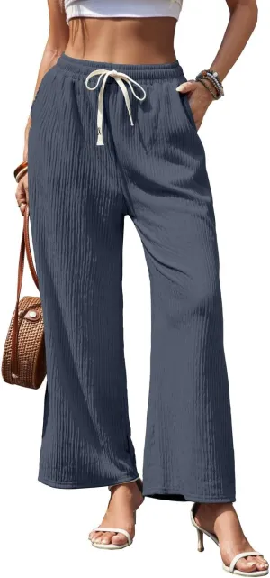Womens Wide Leg Elastic Waisted Pants Palazzo Trousers Adjustable Drawstring Casual Long Pleated Pants with Pockets