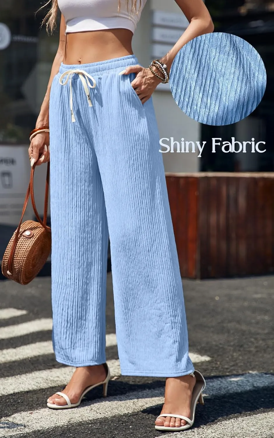 Womens Wide Leg Elastic Waisted Pants Palazzo Trousers Adjustable Drawstring Casual Long Pleated Pants with Pockets