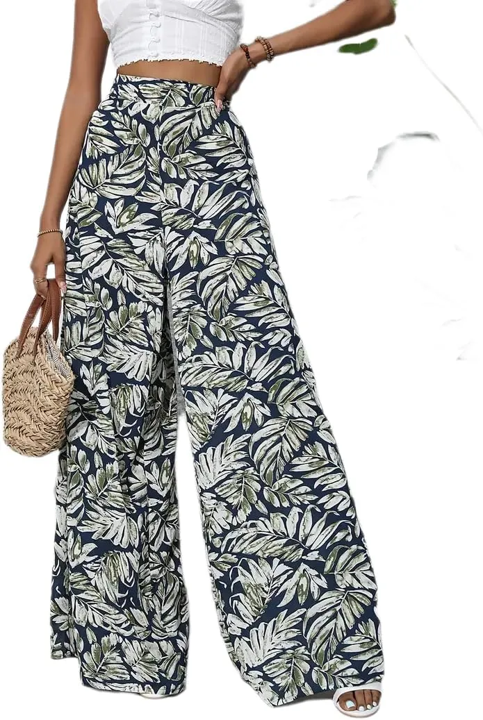 Women's Wide Leg Pants High Waist Loose Floral Casual Boho Trousers Business Work Lounge Pant