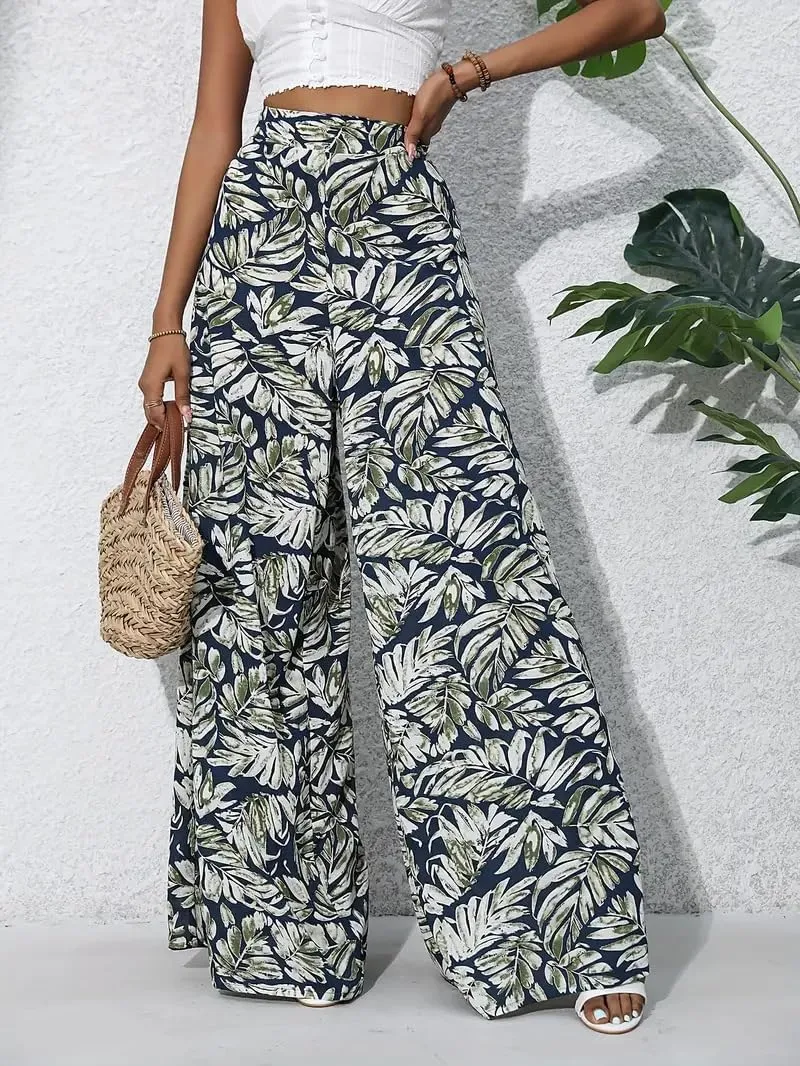 Women's Wide Leg Pants High Waist Loose Floral Casual Boho Trousers Business Work Lounge Pant