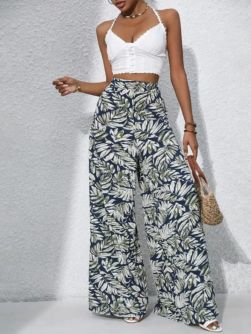 Women's Wide Leg Pants High Waist Loose Floral Casual Boho Trousers Business Work Lounge Pant