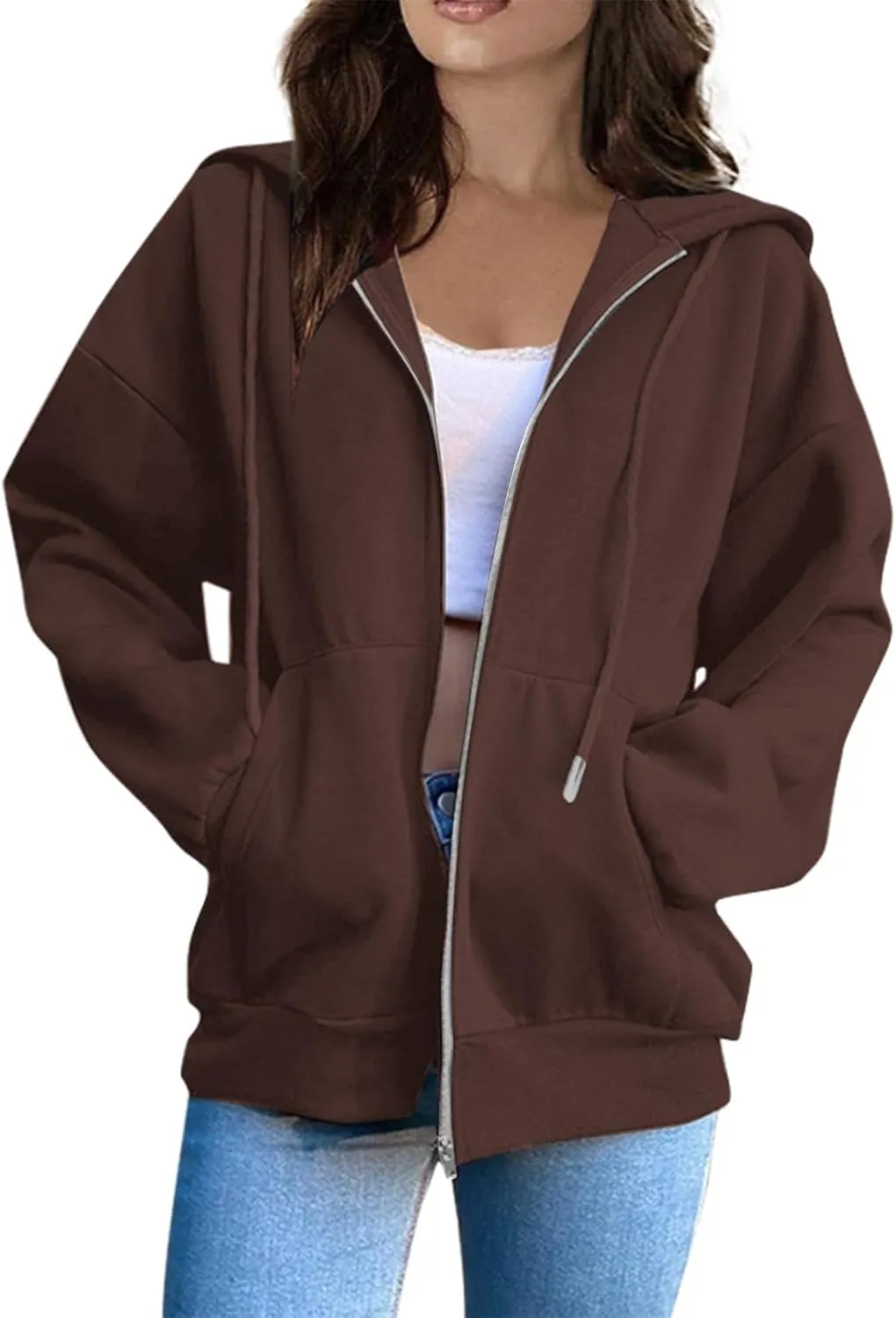 Womens Zip Up Hoodies Solid Color Long Sleeve Sweatshirts Casual Loose Lightweight Jacket with Pockets