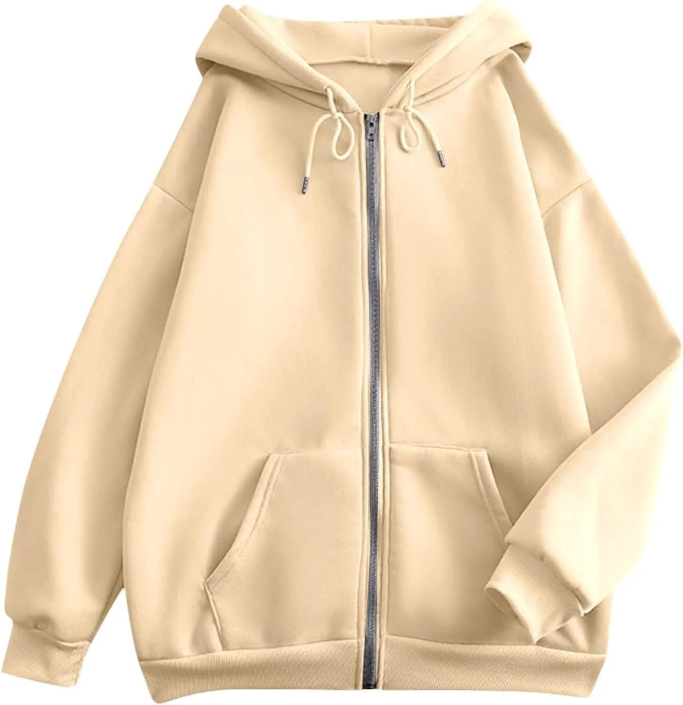 Womens Zip Up Hoodies Solid Color Long Sleeve Sweatshirts Casual Loose Lightweight Jacket with Pockets